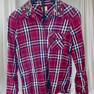 Ladies Guess Western Red and Blue Plaid Snap Button Shirt with Beaded Collar